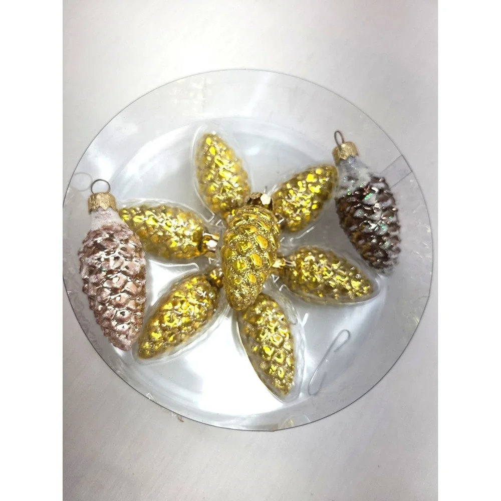 Vintage Pine Cone Christmas Ornaments Small Molded Mouth Blown Glass Lot of 9